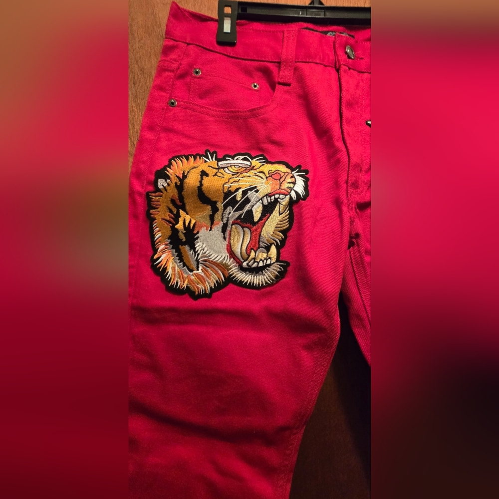 Maxi Millian Vibrant Red Slim Straight Jeans w/cool Patches Sz34"×32" UNISEX - Picture 3 of 14